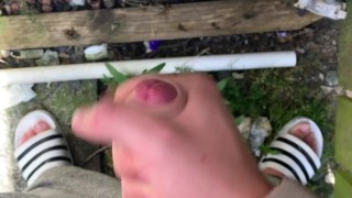 British teen boy jerks off and cums outside on the wall (OUTDOOR CUM)