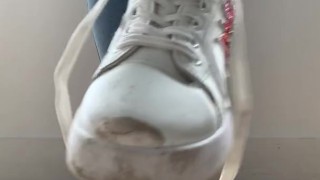 Girl in tight jeans teases you in dirty white sneakers & smelly white socks