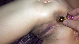 Inserting Butt plug in tight Mature Milf ass