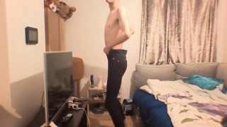 very skinny teen shows off his ribs and small ass in tight jeans