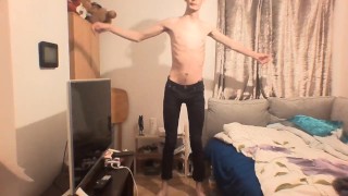 very skinny teen shows off his ribs and small ass in tight jeans