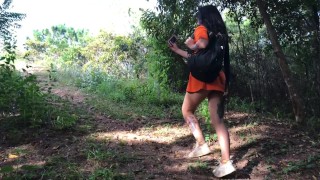 I make a video call with my boyfriend and I end up Squirting on a mountain