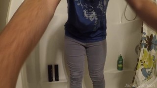 Guy Pees Himself (Fully Clothed In the Shower)