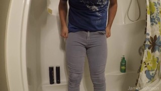 Guy Pees Himself (Fully Clothed In the Shower)