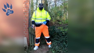 quick pawing off in hi-vis tracksuit and sneakers outdoors