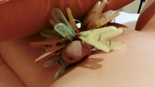 Jerk off with clothespins