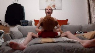 Very skinny boy fucks his teddy bear rough on his bed