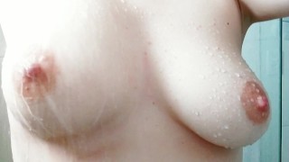 (HD) Squeezing then bouncing my natural white tits with hard pink nipples