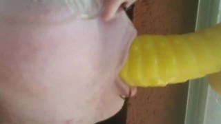 Goth with piercings gives up close blowjob 