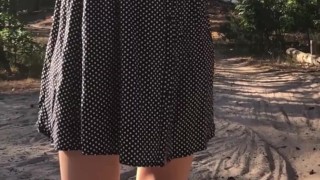 Shy petite girl showing pussy, then unbuttoning dress to show boobs, first Slowmo then Normal speed.