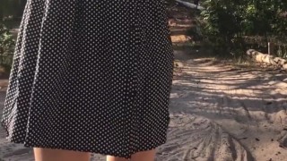Shy petite girl showing pussy, then unbuttoning dress to show boobs, first Slowmo then Normal speed.