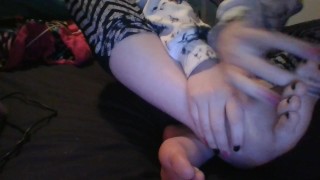 Petite Playing and Massaing Small Painted Pretty Feet With Lotion