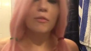 will you give this pink haired girl BEGING for CUM on her face WHILE rubbing her tits