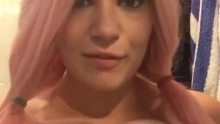 will you give this pink haired girl BEGING for CUM on her face WHILE rubbing her tits