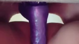 Tight pussy riding solo huge purple dildo