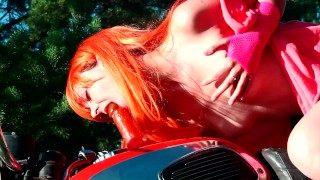 Pink motorcycle masturbation OUTDOOR