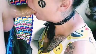 Beautiful Hippy gives balls deep blowjob for sloppy oral creampie