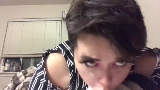 cute chubby femboy gags and drools on big dildo