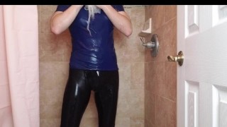 Spandex boy getting wet and soapy in shower in tights after yoga class
