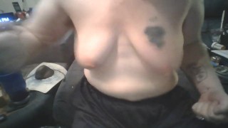 Hucow with saggy udders punches her tits, then milks them up close, solo BDSM breast milking