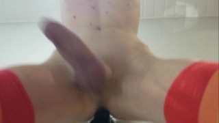 Hung twink riding suction-cup dildo on wall, moaning, with double orgasm
