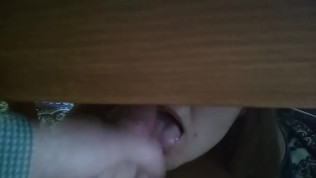 Step sister hiding under table get huge accidental oral load while spying on brother jerk off. Ep:1