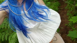 Blue Haired Forest Nymph Pisses Through Fishnets