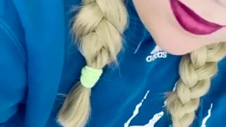 Daddy’s girl talks dirty and sucks dildo