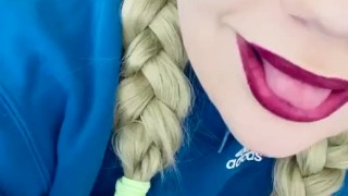 Daddy’s girl talks dirty and sucks dildo