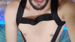 Jerking My Big Uncut Latino Cock On My Cock Ring Harness Until I Shoot A Big Load And Eat My Cum