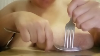  painful  tortures for nipples by 2 forks