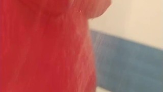 Boy on one piece swimsuit and pantyhose get shower 2