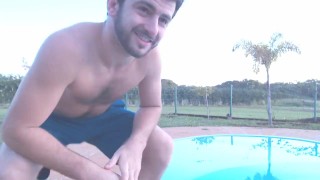 white wet boxers fine-looking young hot guy shows off at the pool