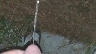 White Daddy Dick Pissing Outside Buzzed With Tan Shorts Socks And Sandals On In The Night