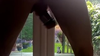Swinging cock and heavy balls at door