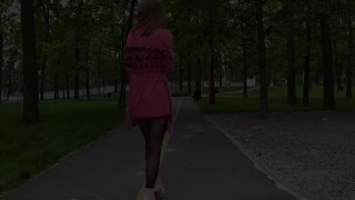 Sluty teen girl walks in the park in a micro dress without panties (upskirt, no panties, stockings)