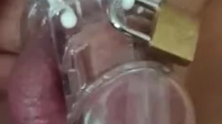 Playing with hubby caged cock and release. comment below