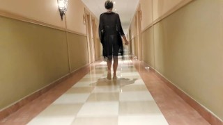 Husband films wife in public walking back to hotel room in bikini