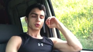 Hot teen boy playing his big dick in caravan 