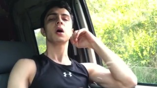 Hot teen boy playing his big dick in caravan 