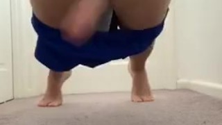 Exercising in my shiny blue shorts 