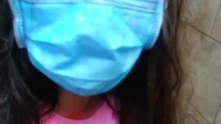 Retail Store Public Restroom Pandemic Face Mask Quarantine Cute SCARED Girl Standing up to PEE PISS 