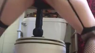 PAWG brunette in sexy black lingerie rides big black dildo and creams all over it