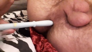 Skinny horny twig shoves a fluffy object deep up his ass
