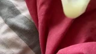 Wanking my hard cock with a Condom on cuming inside 