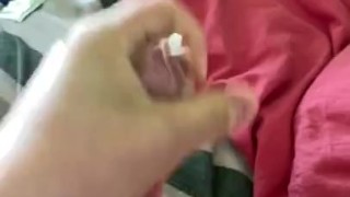 Wanking my hard cock with a Condom on cuming inside 