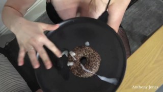 Blonde teen sucking cock and eating doughnut with cum