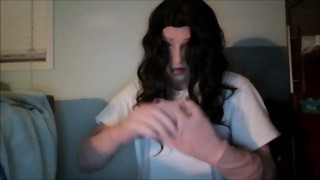 Naughty May Pt1! Wearing my female mask May and chest i put on my female hand gloves!