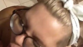 FAT SLUT SUCKS ON DILDO AND PLAYS WITH TITS