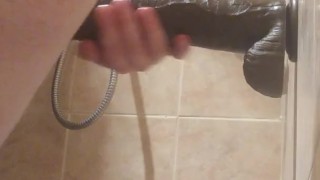 Sissy in chastity fucks huge dildos